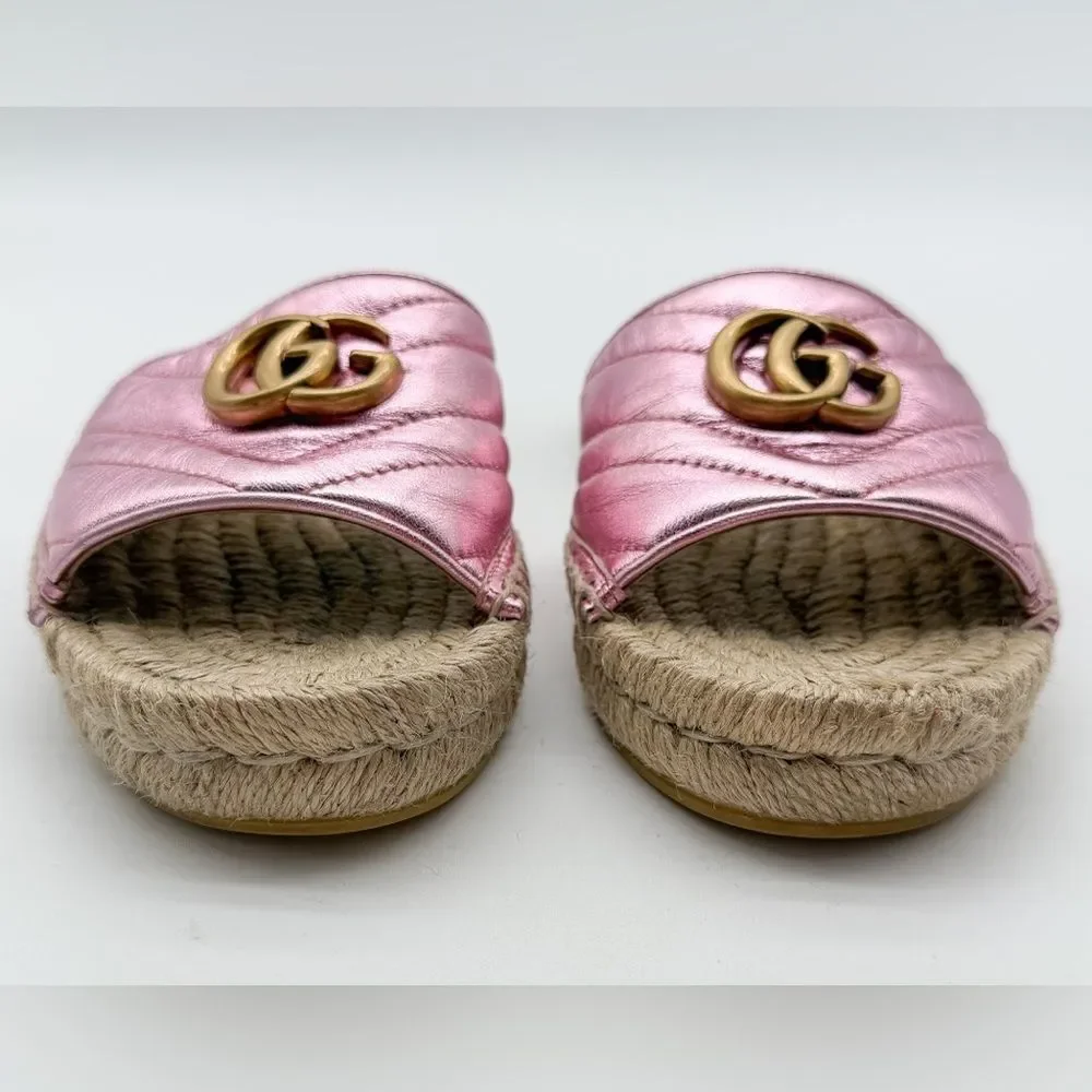 Gucci Pilar GG Marmont Metallic Rosa Leather Espadrille Slide Sandals EU 37 US 7